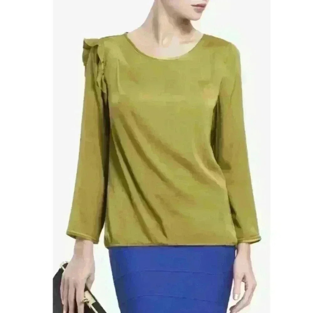 BCBGMaxazria Peridot Green Ruffle Pleated Shoulder Blouse| size Small #030